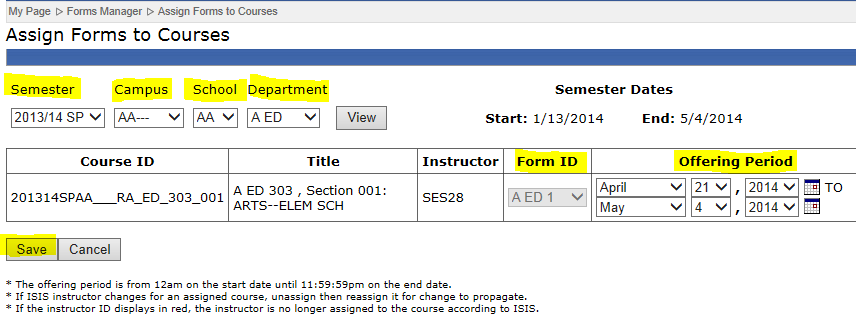 Use Dropdowns to Select and View Courses to Assign SRTE Forms Image
