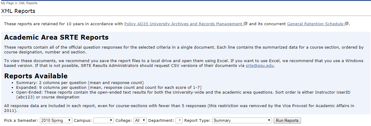 Image of Academic Area Reports Menu Image