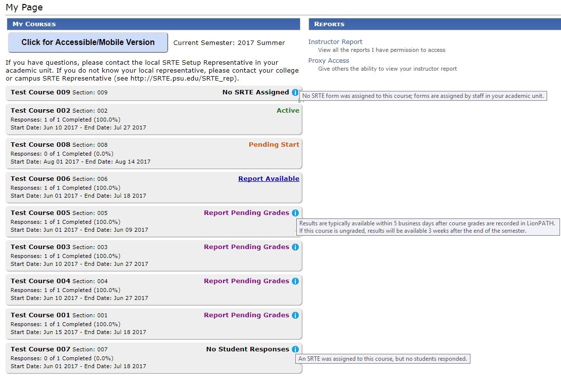 Screen shot of a sample SRTE instructor view.