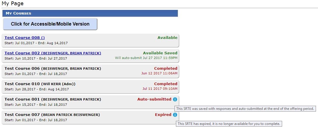 Screen shot of a sample SRTE instructor view.